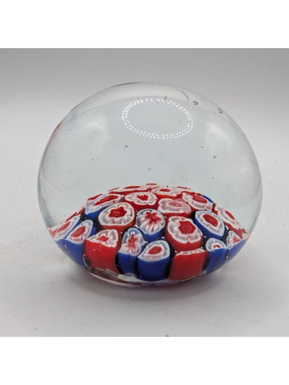 Vintage Glass Millefiori Paperweight Red & Blue Floral Canes  3"